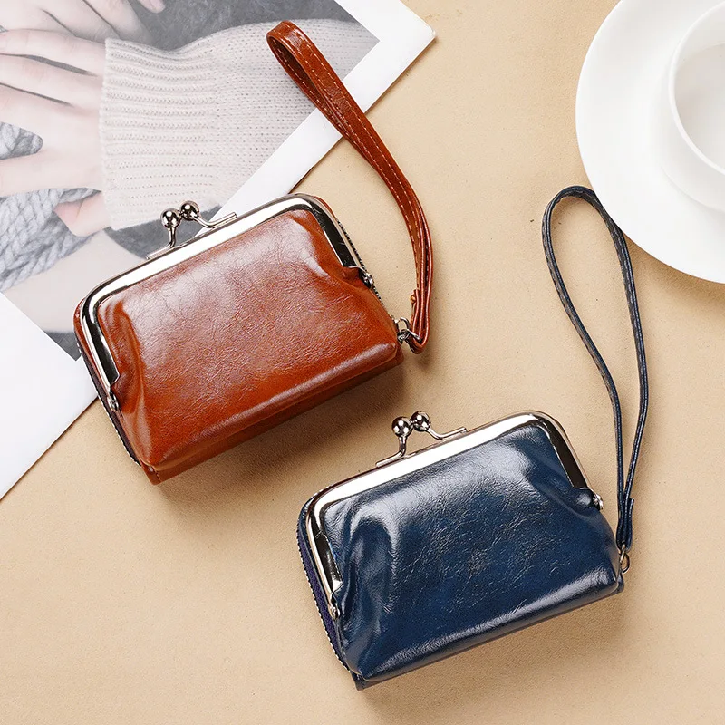 

Women Coin Purse Oil Wax PU Leather Wallet 4 Inch Buckle Mini Wallet Coin Bag Lipstick Storage Bag Ladies ClutchBag Dropshipping