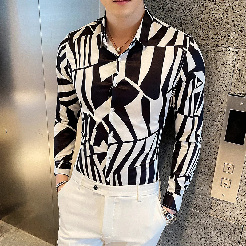 

Contrast Zebra Pattern Men's Shirts Autumn Long Sleeve Slim Casual Business Formal Dress Shirt Social Tuxedo Blouse Men Clothing