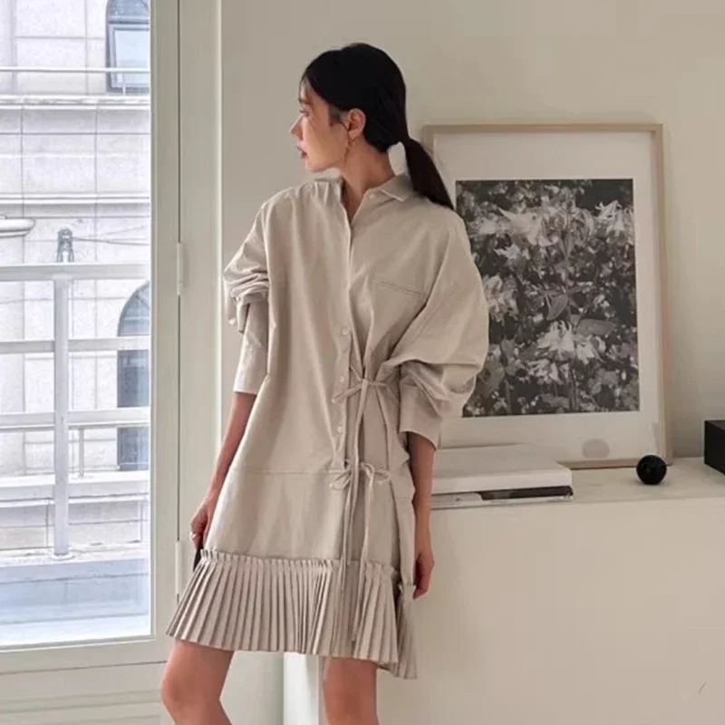 Корейские шикарные плиссированные платья Vestidos Mujer нерегулярные на шнуровке