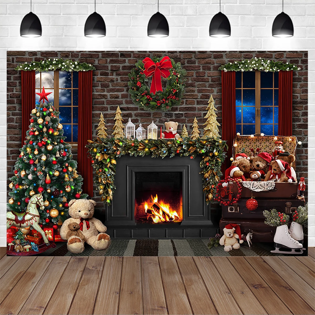 

Mocsicka Christmas Fireplace Backdrop Bear Doll Toy Xmas Tree Wreath Gift Photography Background Baby Child Portrait Photo Props