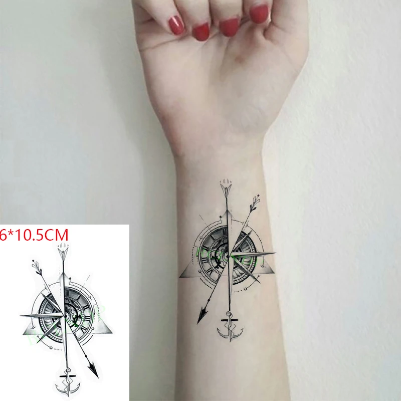Фото Водостойкая Временная тату-наклейка компас стрела римские часы якорь маленькая