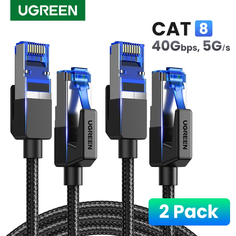 [2 упаковки] UGREEN Ethernet кабель CAT8 40 Гбит/с 2000 МГц сетевой нейлоновый оплетенный интернет Lan шнур для ноутбуков PS 4 маршрутизатор RJ45 кабель