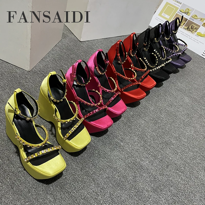 

FANSAIDI Fashion Wedges Narrow Band Party Shoes Sandalias Women's Shoes Summer New Yellow Red Waterproof Mature 40 41 42 43