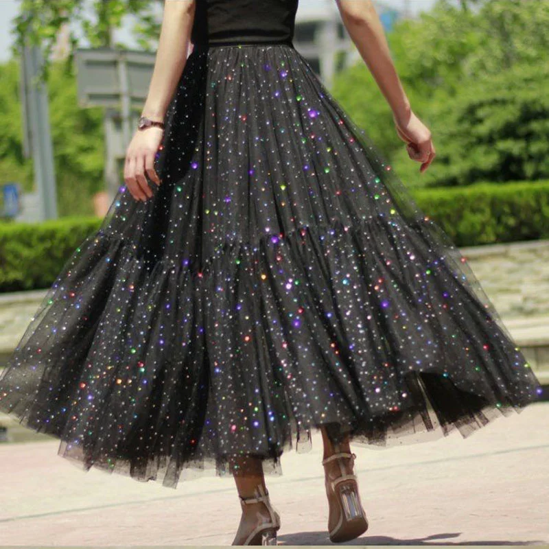 

Волшебная многослойная Тюлевая Длинная черная юбка с блестками пэчворк расклешенная трапециевидная пушистая металлическая длинная сетча...