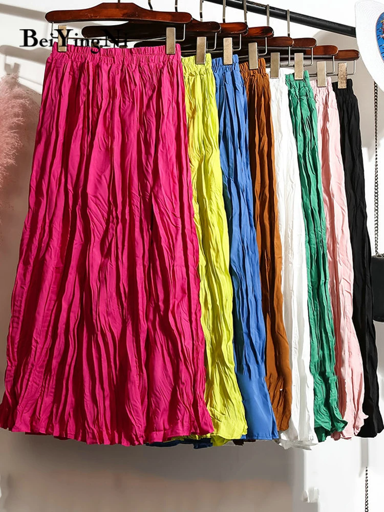 

Beiyingni Casual Chic Vintage Pleated Skirt Women Summer Korean Fashion Solid Color Long Midi Skirts Girls Soft Black Pink Falda