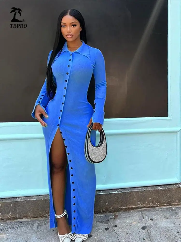 

Женское трикотажное платье в рубчик, женское модное однобортное платье с высоким разрезом, Элегантное Длинное Платье-рубашка с лацканами