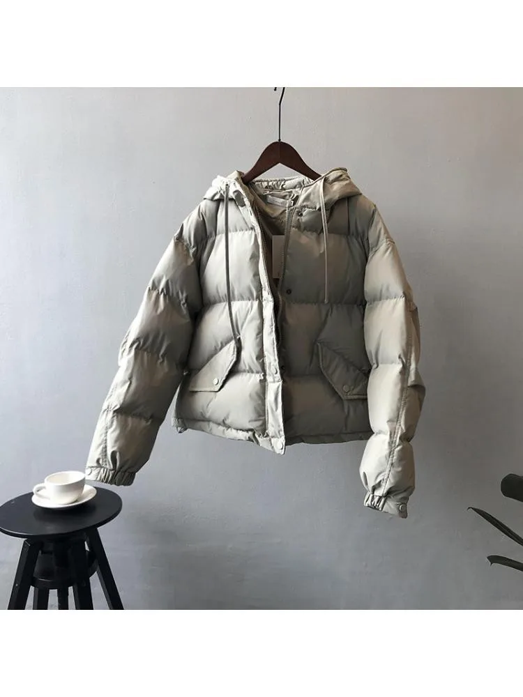 Black Short Thick Cotton-Padded Hooded Parkas Jacket Women 2022 Winter Korean Version Loose Warm Bread Clothing Coats
