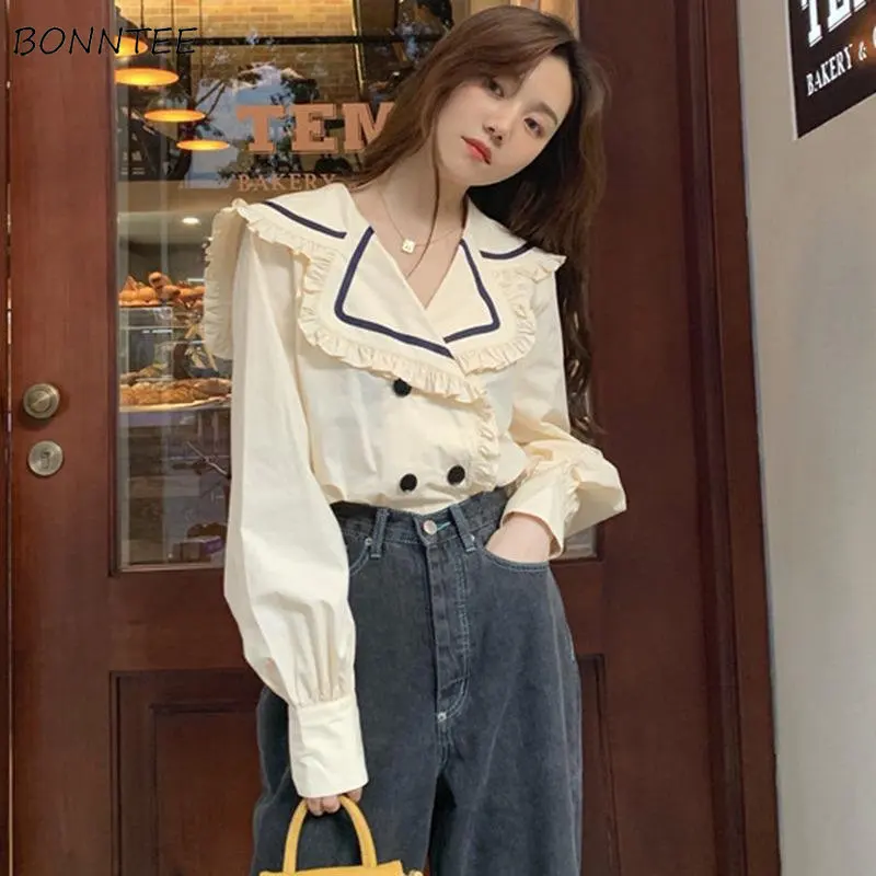 

Casual Shirts Women Folds Sweet Daily Simple All-match Spring Leisure Regular Double Breasted Streetwear Korean Style Fashion