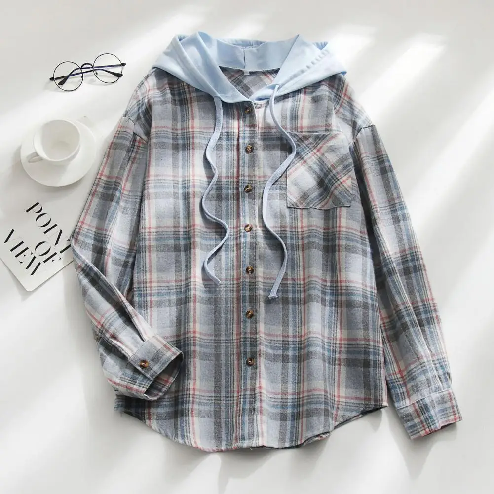 

Fashion Sweatshirt Shirt Buttons Placket Patchwork Color Designed Sense Classic Plaid Print Casual Hooded Sweatshirt Shirt