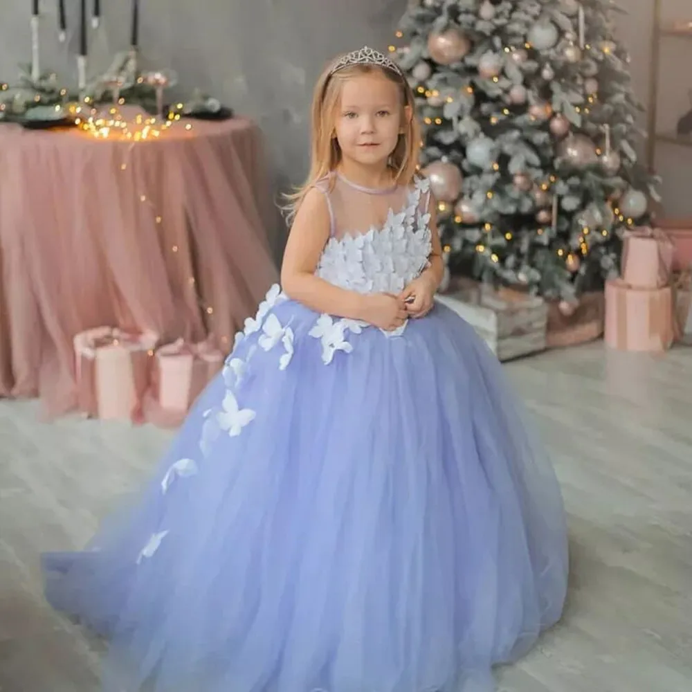 

Lilac Buterfly Couture Flower Girl Dress Scoop Tulle Aline Birthday Wedding Party Dresses Costumes First Comunion Drop Shipping