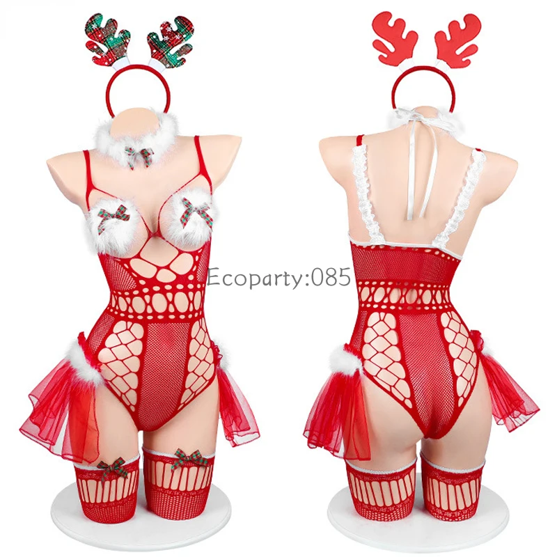 

Christmas Party Costume Little Elk Girl Red Fishnet Bodysuit Cosplay Uniform Lady Sexy Furry Hollow Pajamas Lingerie for Female