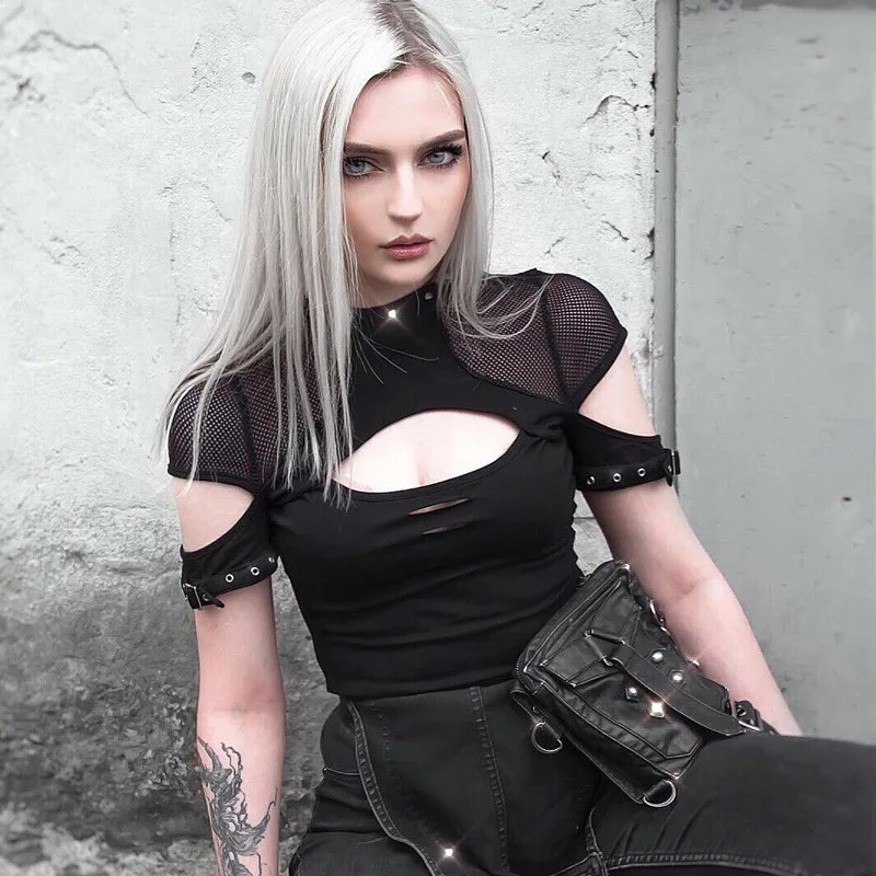 

Euro American Gothic Vintage Short Sleeve Heavy Industry Sexy Perspective Rivet T-shirt Tight Mesh Splice Top Women's Dress
