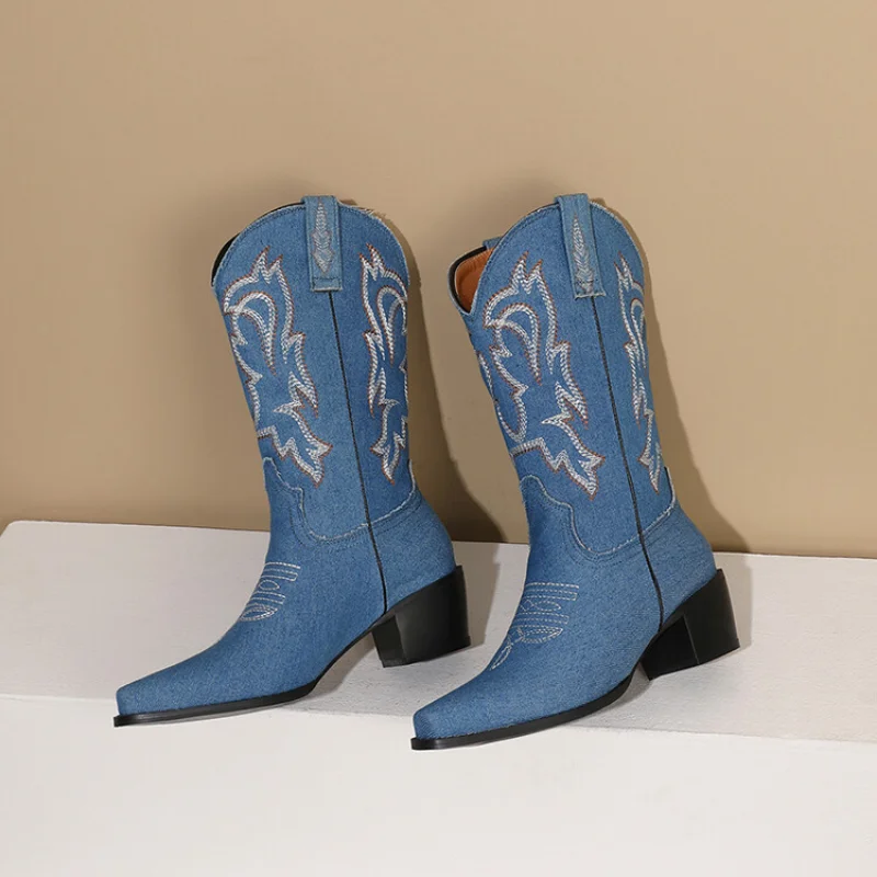 Chunky Western Cowboy Boots for Women Summer V-cut Embroidered Sleeve Doc Martens Slim Vintage Mid-leg Knight Short BootsA-904-2