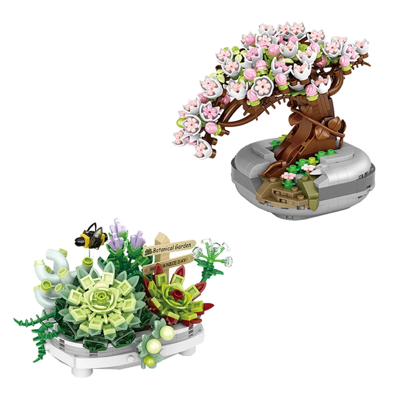 

3d-кубики в горшке, вечный цветок, розовый цвет вишни, дерево, модель «сделай сам», суккуленты, растения, сборные кирпичи для девочек, подарок ...