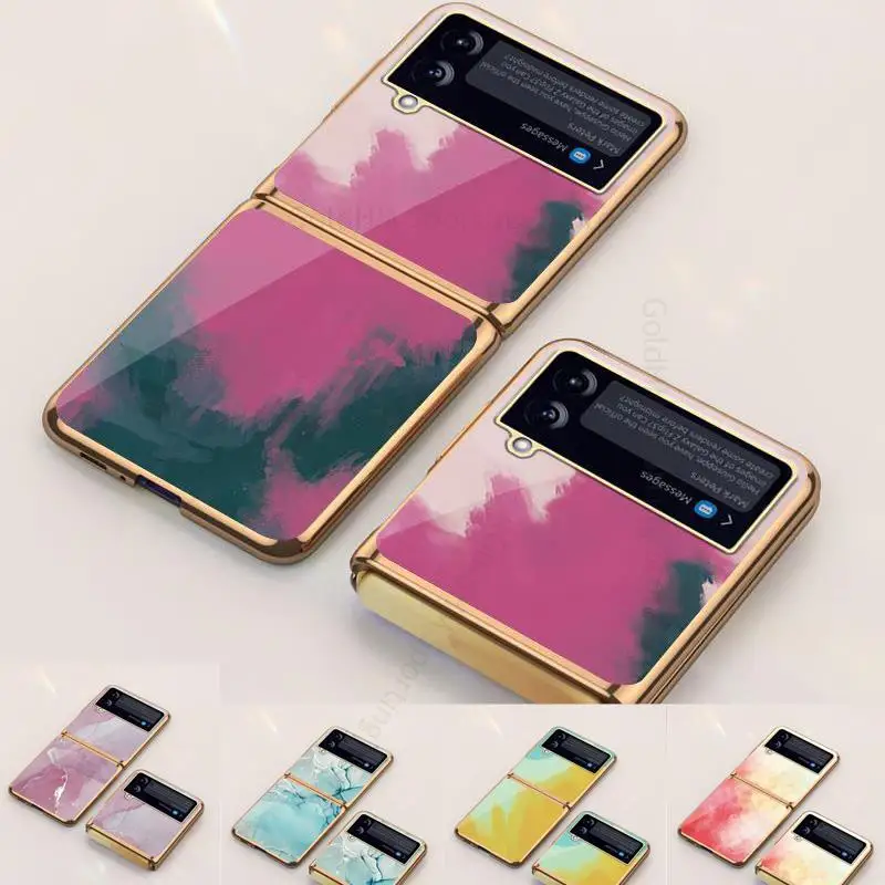 

For Samsung Z Flip5 Plating Glass Marble Gradient Phone Case For Galaxy Z Flip 5 4 3 Electroplated Splash ink Shockproof Cover