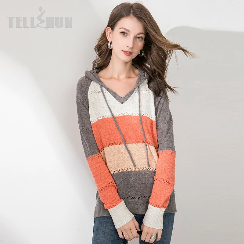 

Tellshun женские вязаные толстовки контрастных цветов Мода 2023 женские повседневные Лоскутные свитеры с длинными рукавами и капюшоном толстовк...