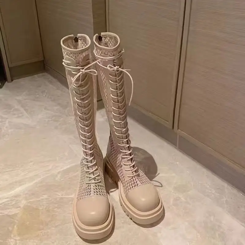 

Inner Heightening Long Boots Summer White Boots Women's Knight Boots Thin Breathable Mesh Hollow Tube Women's Net Boots