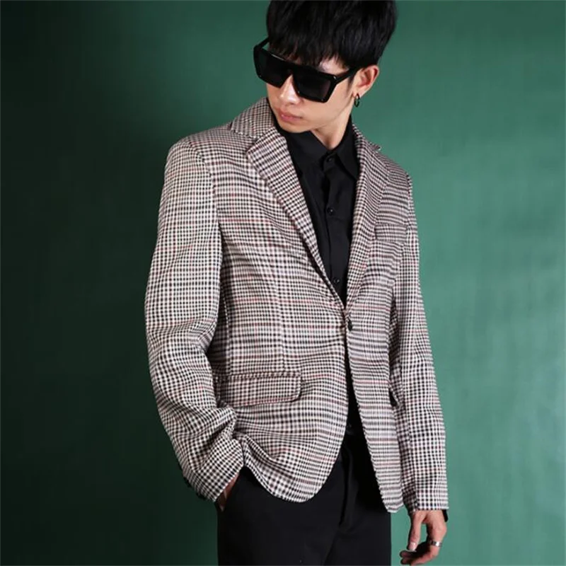 Retro grid blazer men suits designs personality jacket mens stage costumes for singers clothes dance star style dress b647