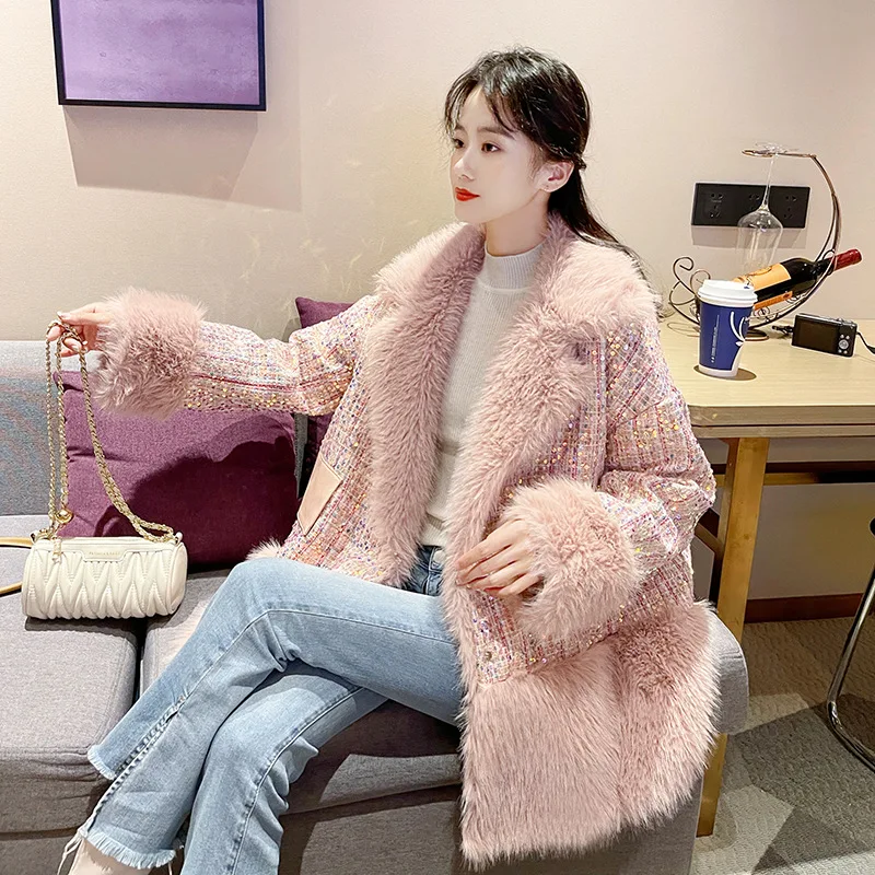 Faux Fur Coat Women 2022 Winter Patchwork Sequins Long Tweed Jackets Female Casual Elegant Loose Turn Down Collar Pink Outwear