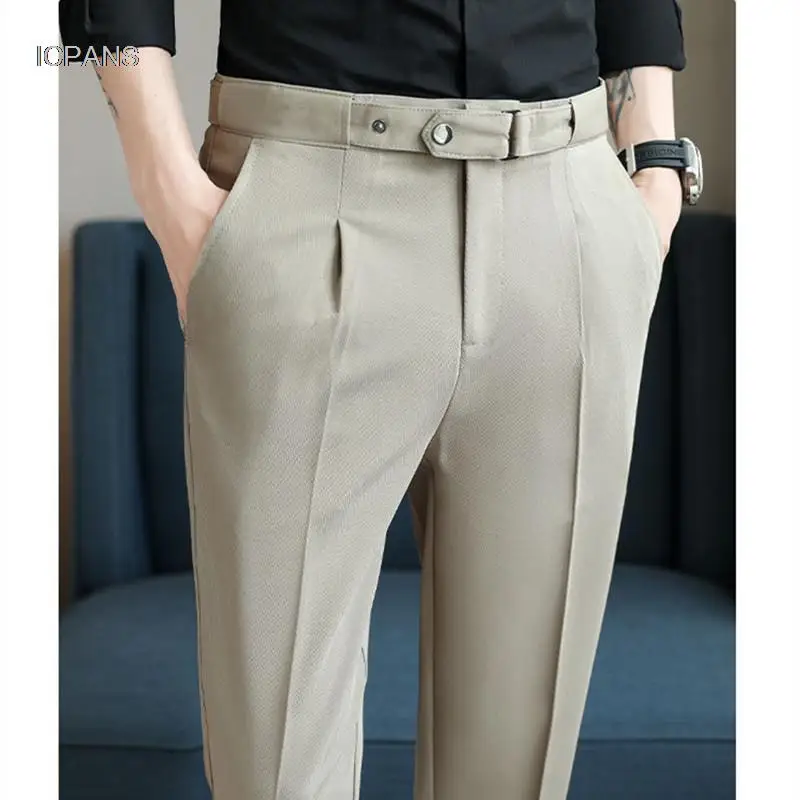 Pleated Formal Suit Pants For Men Ankle Length Summer  Slim Fit  Korean Dress Pants Men With Belt Business Trousers Male 2022