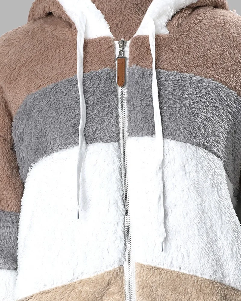Colorblock Long Sleeve Fuzzy Hooded Zip Up Teddy Coat Women Autumn Winter Hoddie Sweatshirt Fashion Casual images - 6