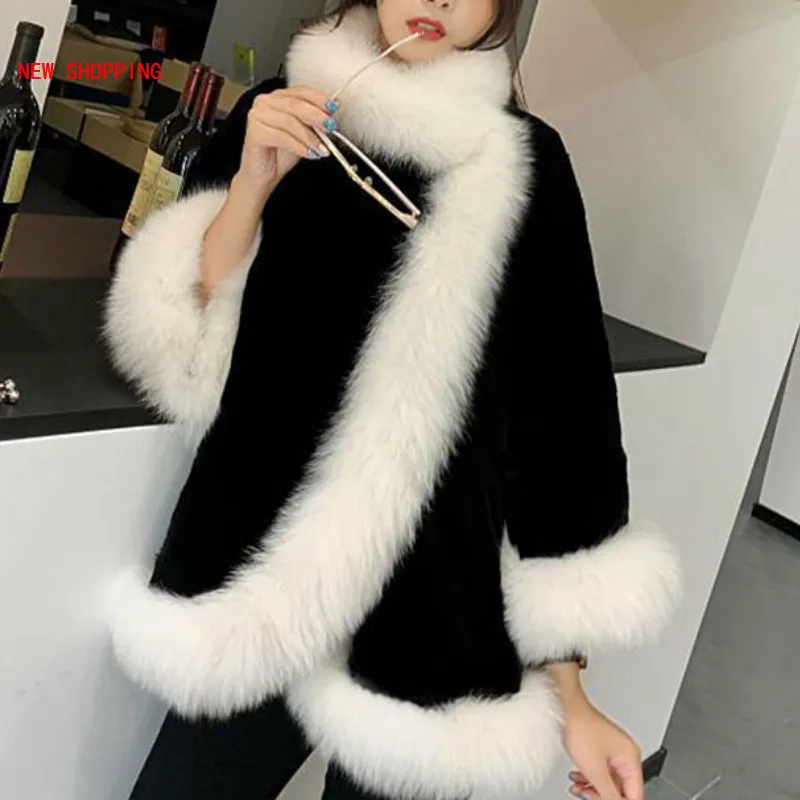 Fur Shawl Luxurious Imitation Mink Fur Cape Coat Women Winter Jacket Warm Fur Coats New Velvet Thicken Cloak Black Overcoat 2021