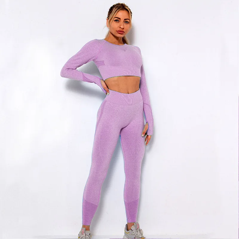 Seamless Yoga Sets Sports Fitness Cutout Long-Sleeved Top Higjh Waist Hip-lifting Pants Suits Workout Gym Leggings Set for Women
