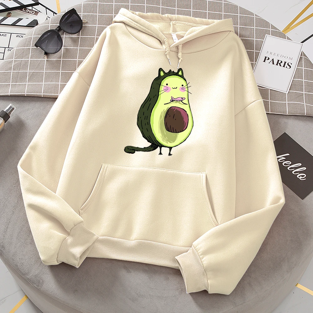 

Худи Kawaii с принтом авокадо, кошка, женская модная уличная одежда, пуловер с круглым вырезом, флисовая Осенняя свободная толстовка с капюшоно...