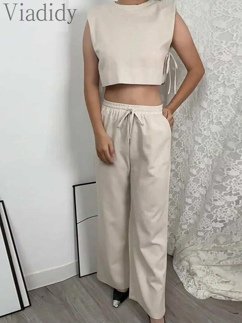 Женский Повседневный однотонный топ без рукавов на шнуровке и эластичные прямые