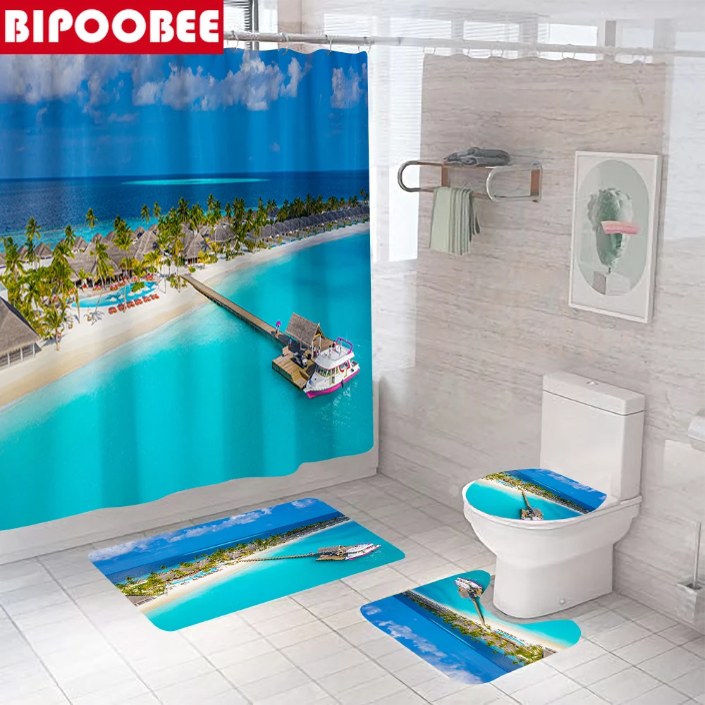 3D Seaside Resort Print Shower Curtain Island Landscape Toilet Cover Bath Mats Set Bathroom Decor Pedestal Rugs Non-Slip Carpet