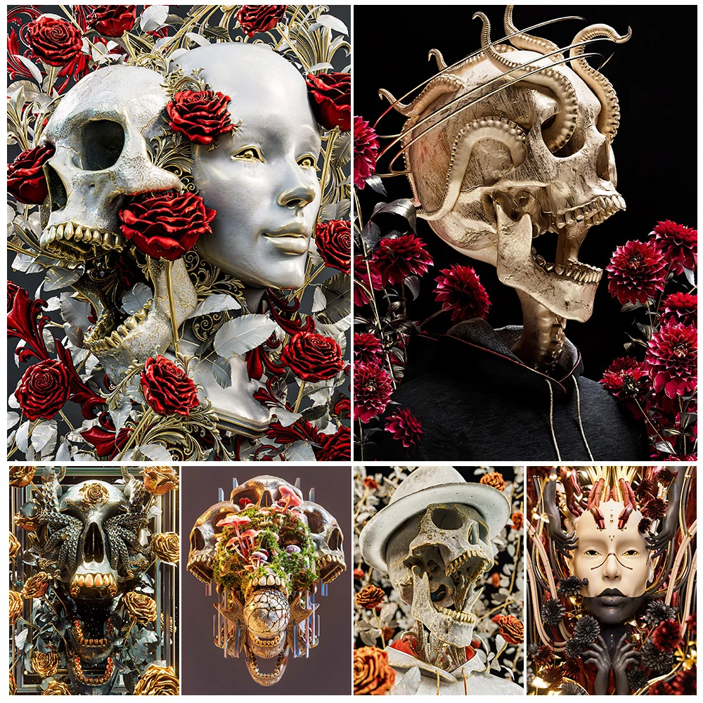 

Golden Skull Without Red Rose Wall Art Canvas Painting Stylish Gothic Horror Skull Abstract Art Poster And Print Home Decoration