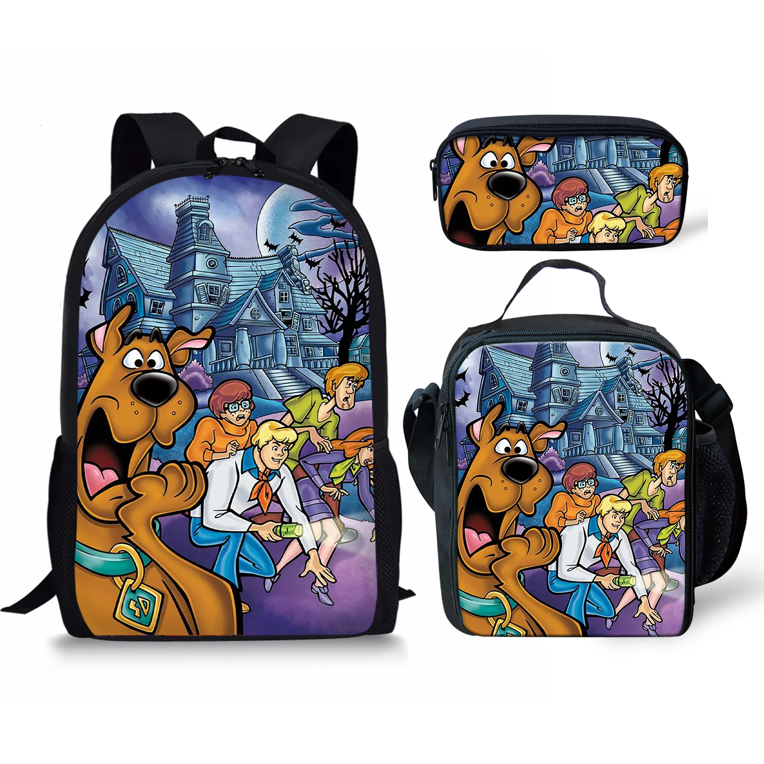Ghostbusters Scooby Print Backpack Pencil & Lunch Bag Set Portable Travel Children's Knapsack Durable Large Capacity School Bags