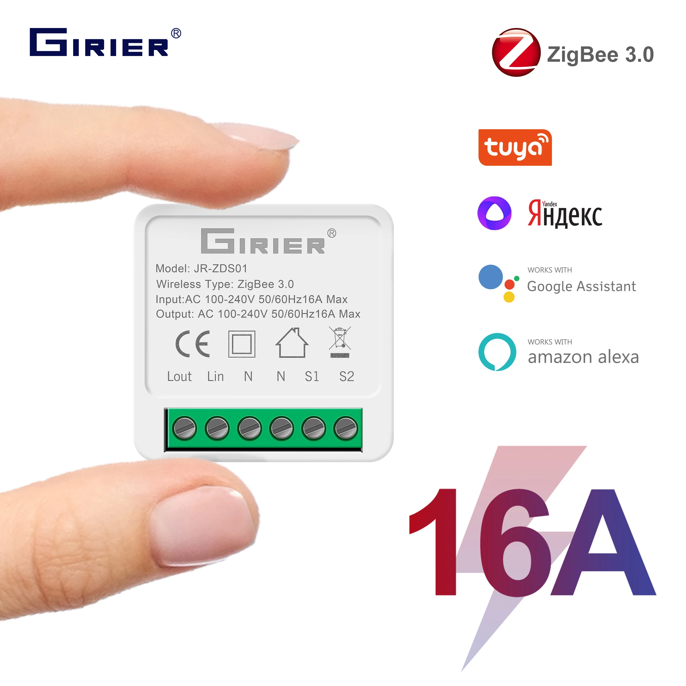 Умный коммутационный модуль GIRIER Tuya ZigBee, 16 А, автоматизация «сделай сам», выключатель с поддержкой двухстороннего управления, работает с Alice Alexa Hey Google