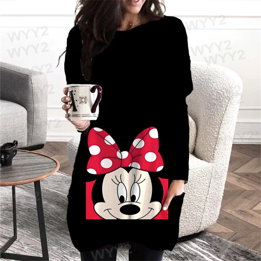 Creative Design Funny Mickey Cartoon Casual Ladies Round Neck Long Sleeve Pocket Top Mid Length Daily Office Dress