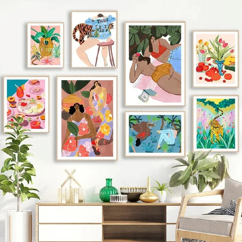 Тигр Слон Леопард птица фруктовый цветок дерево женщина настенная Картина на