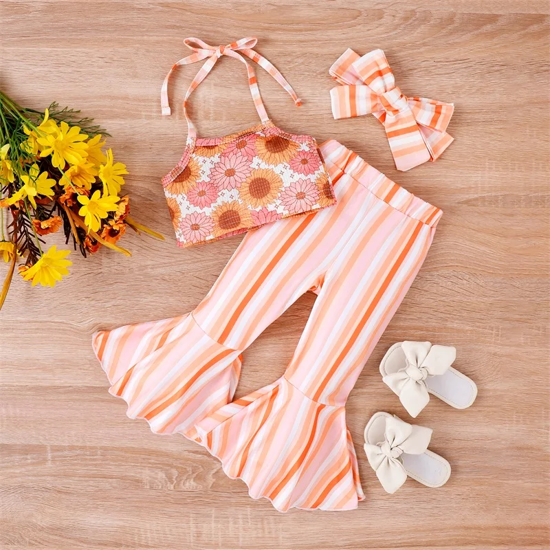 

2023-04-10 Lioraitiin 0-4Years Toddler Girls 3Pcs Pants Suit Sleeveless Floral Vest Striped Bell-Bottomed Flared Pants HeadBand