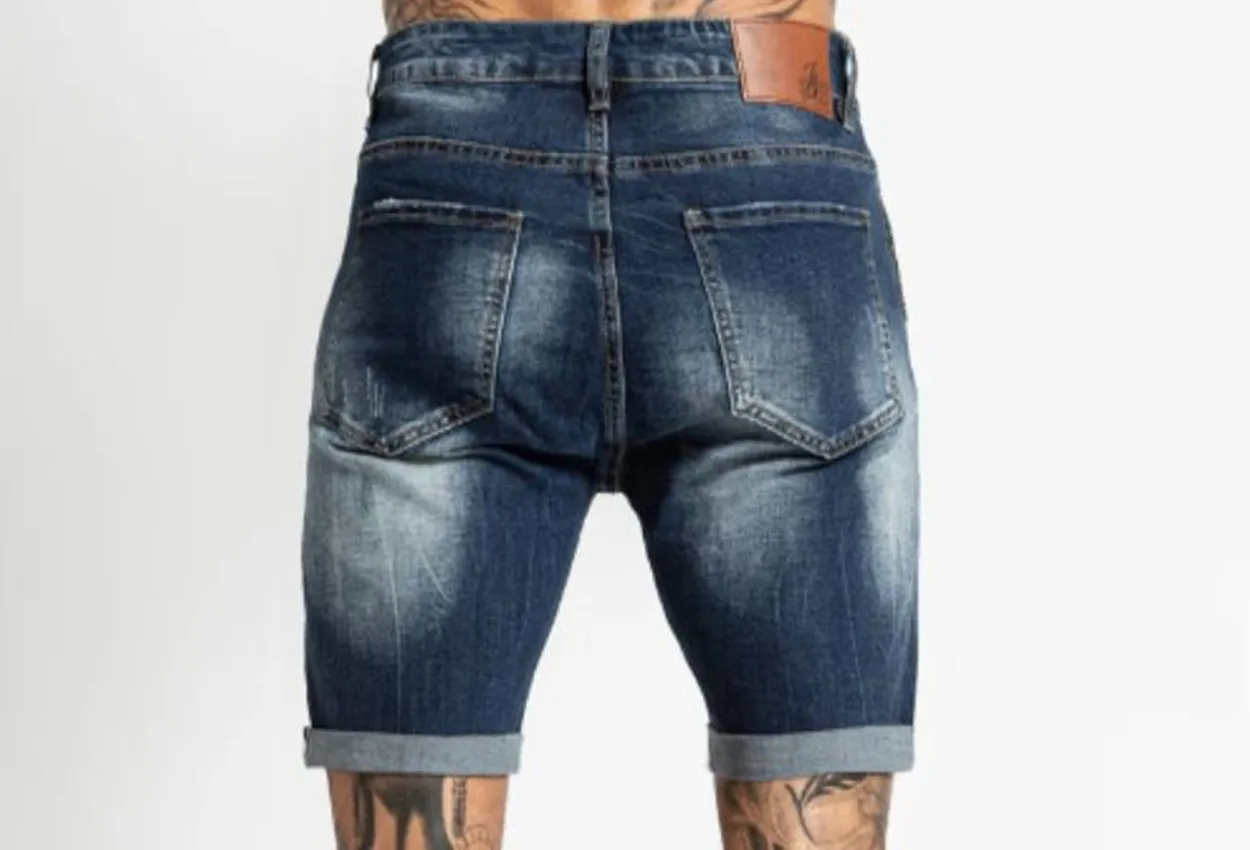 Hole Ripped Slim Short Jeans Men High Waist Solid Color Denim Shorts Retro Blue Washed Street Knee-length Male Pants