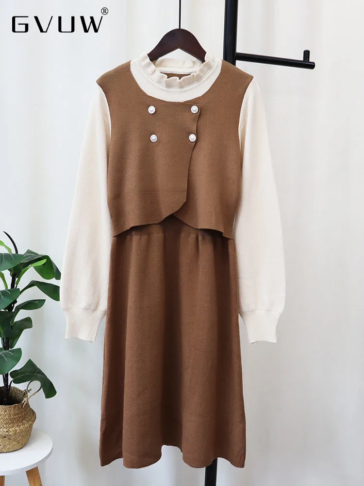 

GVUW Contrast Color High Quality Woolen Dress For Women Autumn New 2023 Fashion O-neck Buttons Knitted Clothing Female 17G2313