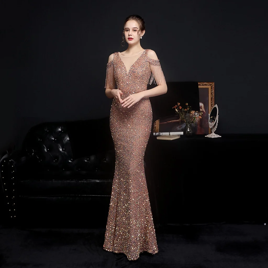 

Women Elegant Mermaid Off Shoulder Short Sleeves Sequins Tassel Hollow Out Maxi Long Dress Host Party Gowns