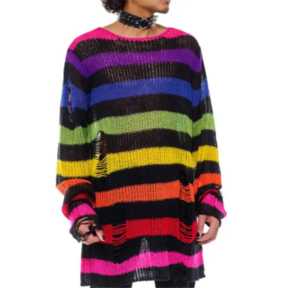 

2022 Women Punk Sweater Rainbow Striped Vintage Hippie Knitting Pullover Grunge Rock Streetwear Pastel Goth Tops