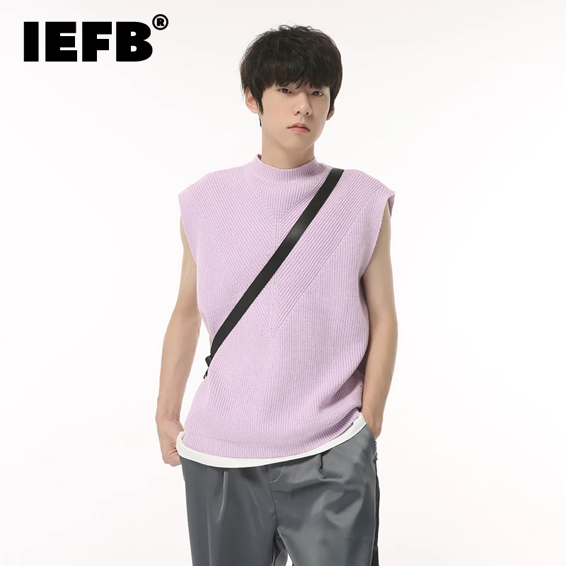 

IEFB Half High Neck Knitted Sweater Tank Top Streeet Men's Wear 2023 New Korean Style Loose Solid Color Pullover Vests 9C1577