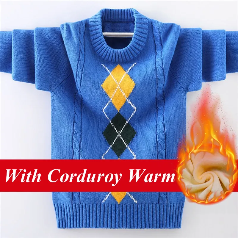 

Teenager Boys Thermal School Uniform Sweaters Winter Kids Warm Knit Pullovers With Corduroy For Children's 4-15 Years Wear