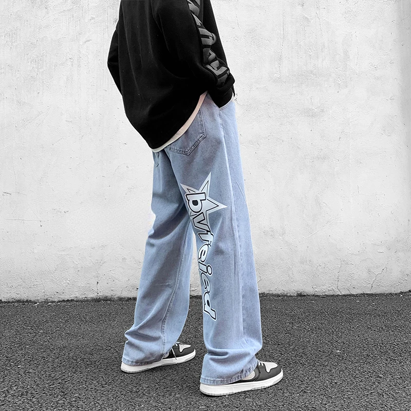 2022New Style Letter Printed Denim Pants 2022 New Streetwear Washed Jean Pants Men Loose Hip Hop Jeans White/Blue/Smoke gray