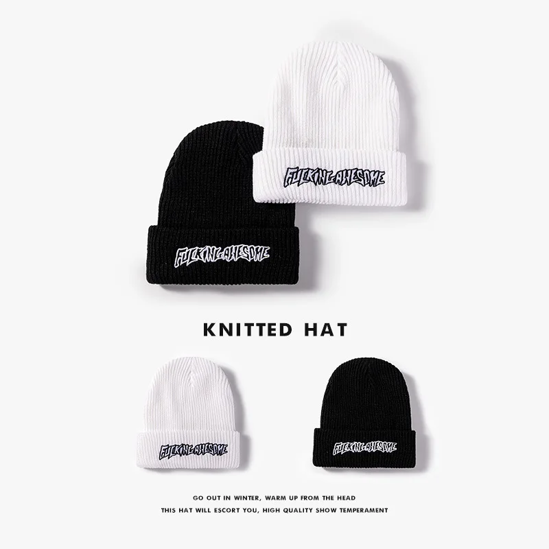 

Warm Knitted Hats For Men And Women Autumn&Winter Skullies&Beanies Black&White Beanie With Alphabet Embroidery Cool Hip Hop Caps