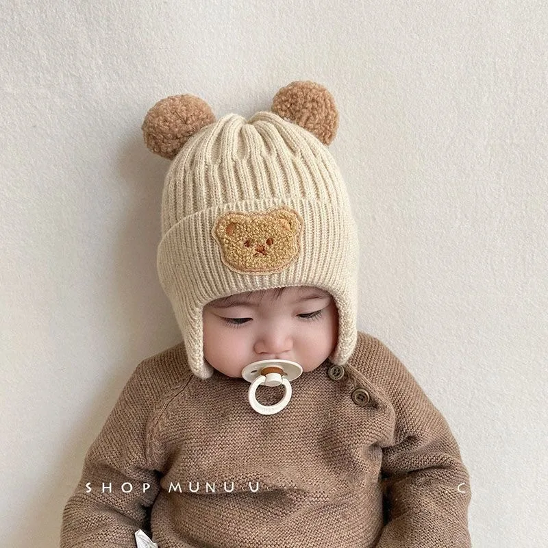 

Winter Baby Beanie Cap Cartoon Bear Ear Protection Knitted Hat for Toddler Boys Girls Cute Korean Warm Kids Crochet Hats Gorros