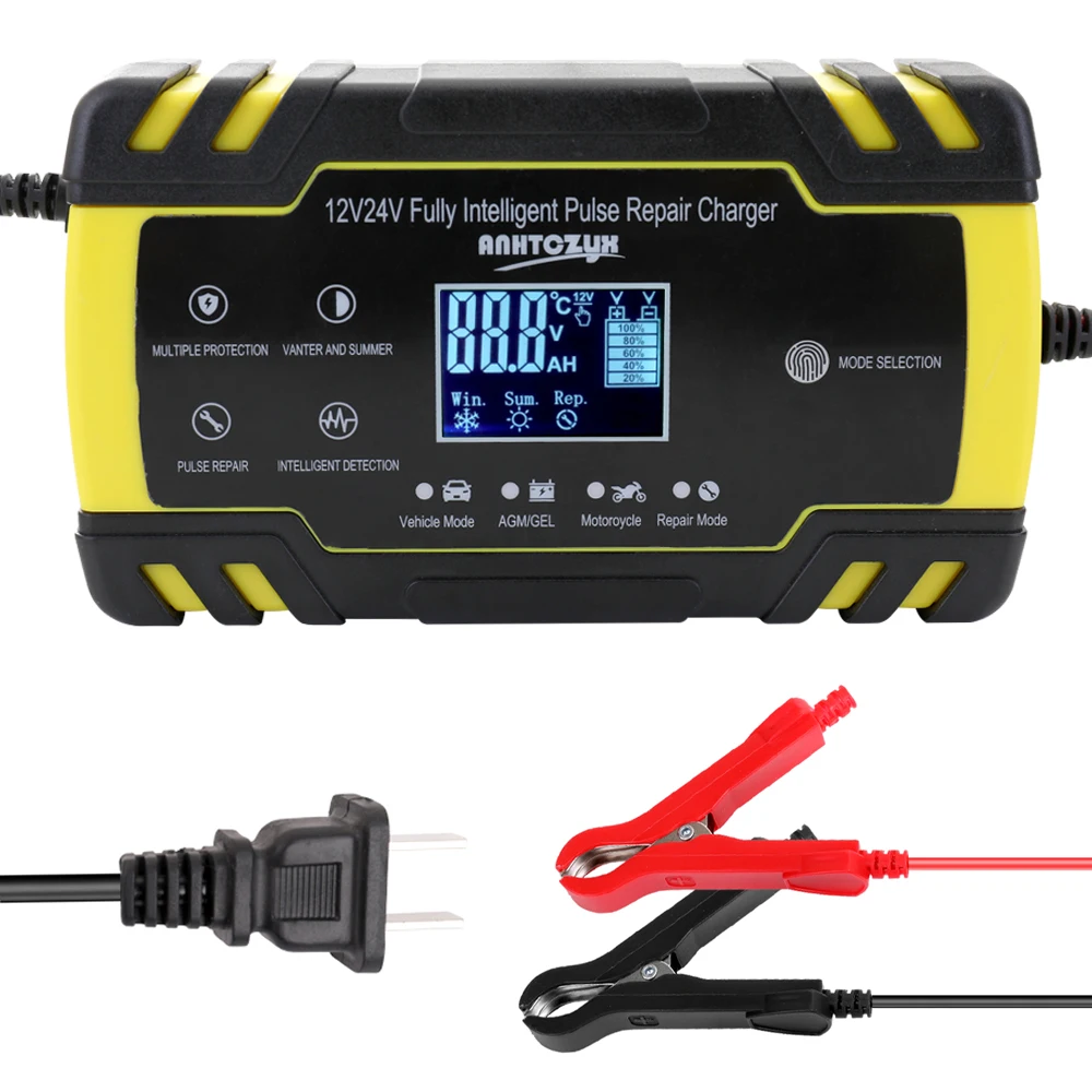 

8A 12 V/24 V Car Motorcycle Battery Charger Car Cell Charger Mini Size Portable Car Cell Charger Adapter Power with Digital LCD