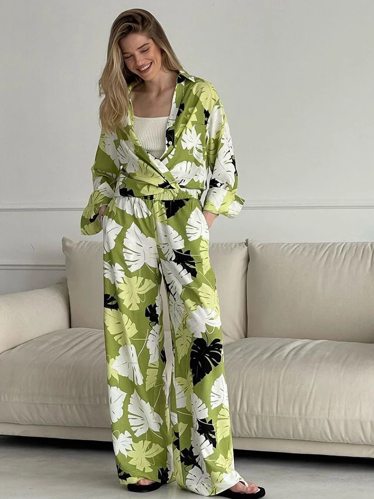 

Hiloc Leaf Pattern Print Women's Suit Full Sleeve Pajama Sets For Women 2 Pieces Single-Breasted High Waist Loose Sleepwear 2023