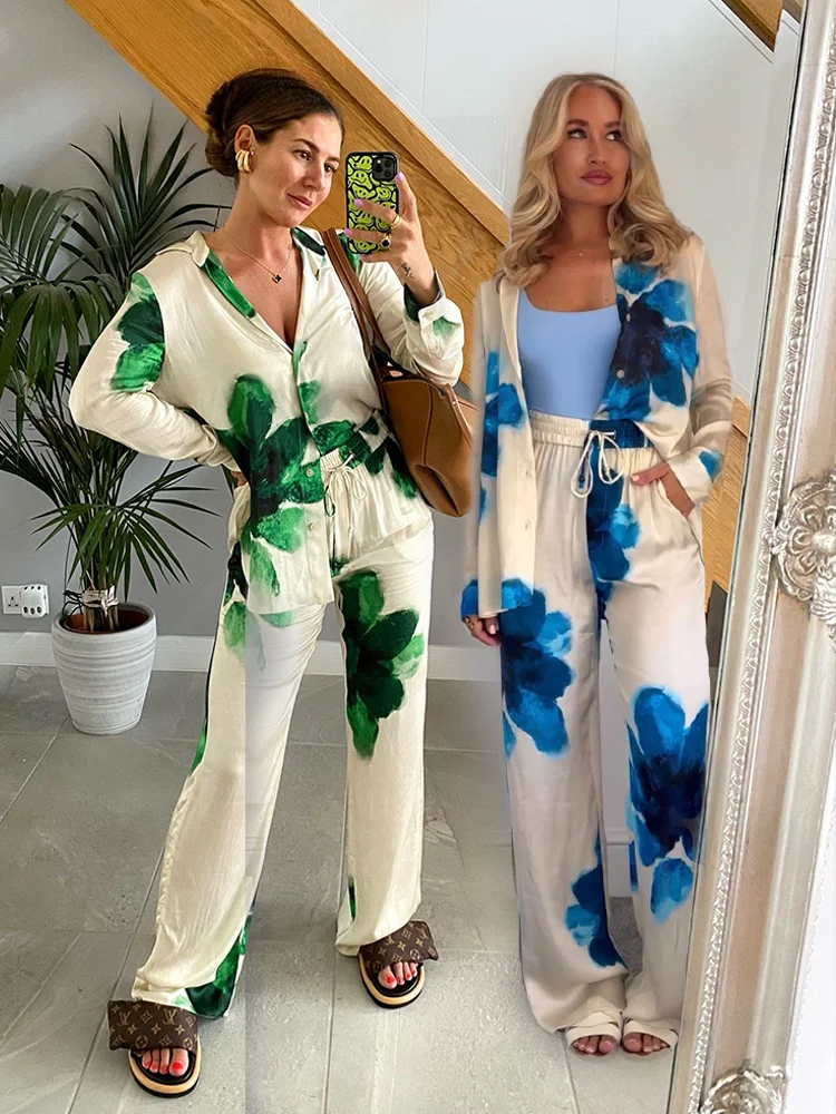 Женский брючный костюм с принтом зеленая синяя рубашка длинным рукавом и