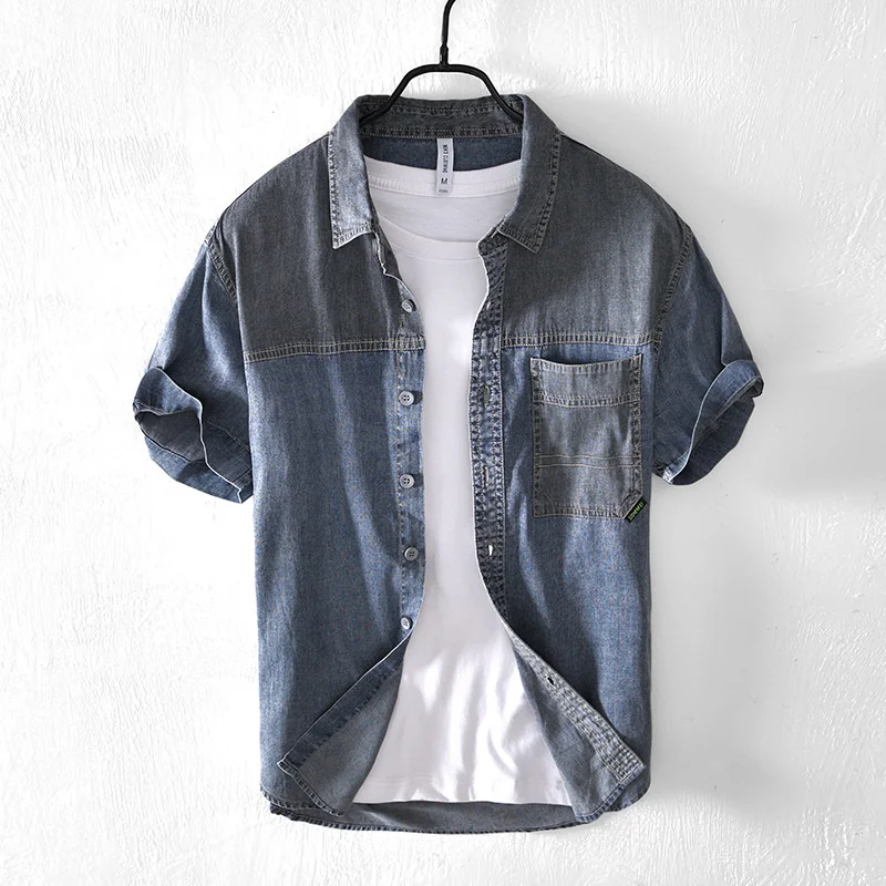 Summer Men Japan Style Patchwork Cotton Denim Short Sleeve Shirt Fashion Male Casual Contrasting Colors Thin Shirts Cloth
