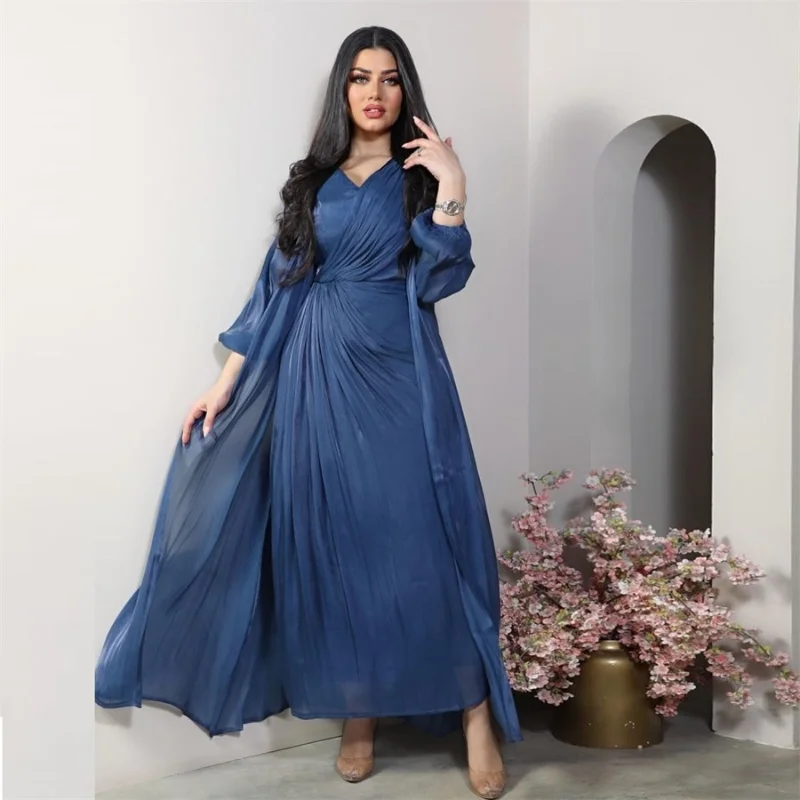 Fashion Muslim Two Pieces Abaya Dress Set Chic Bright Silk Soft Satin Dubai Turkey Arab Wrap Robe Corban Eid Al Adha